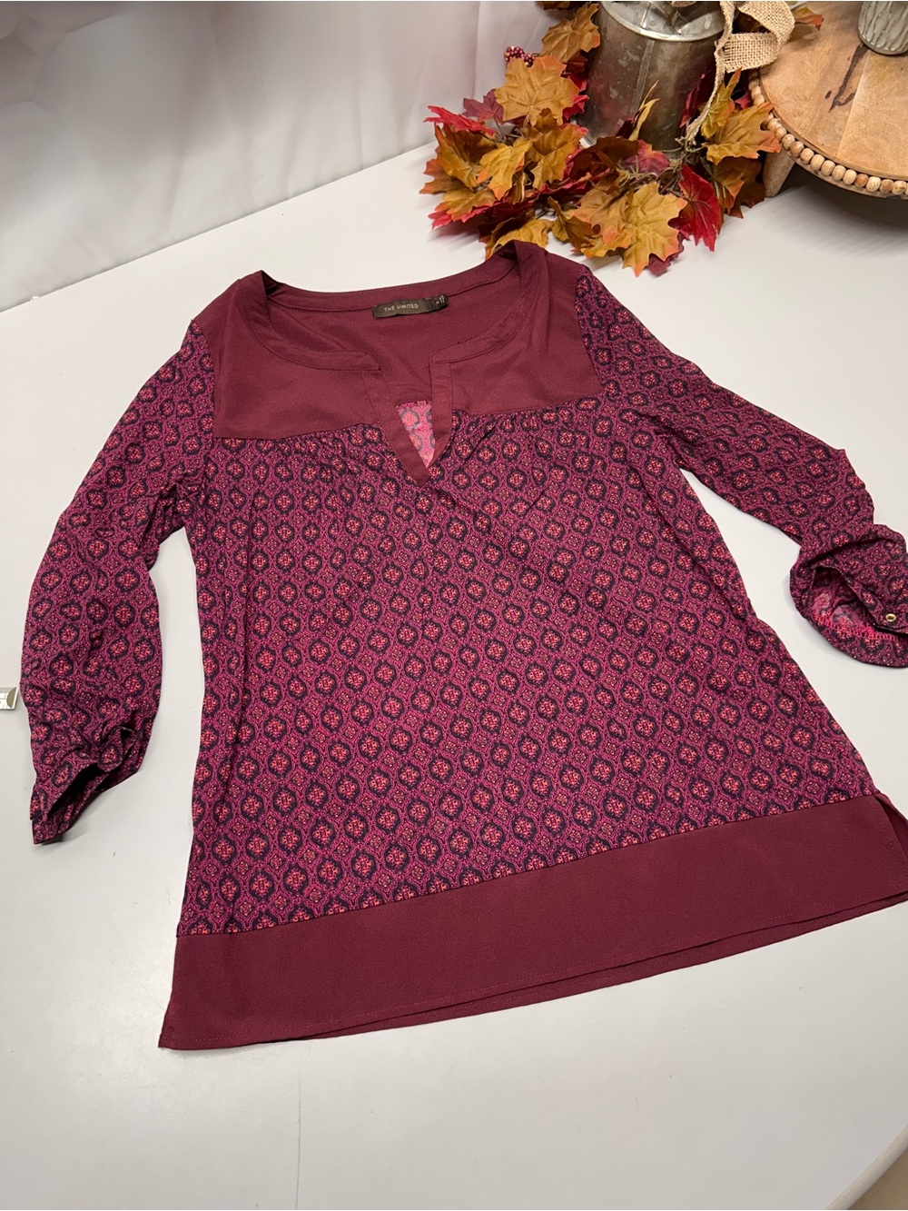 The Limited Plum and Pink Patterned Split-Neck Blouse